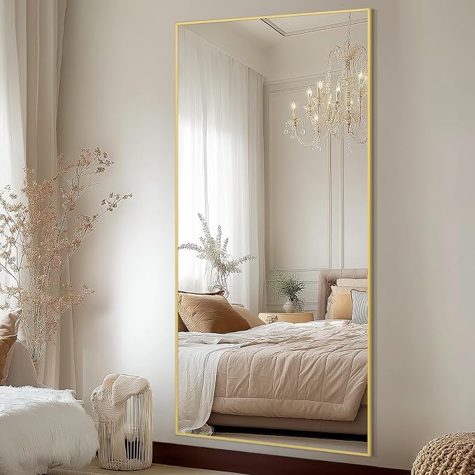 71"x32" Floor Mirror Full Length with Stand, Gold, Rectangular | Free Standing or Leaning Against Wall, Wall‑Mountable, for Gym Bedroom Living Room, Aluminum Alloy Frame, Tempered Glass