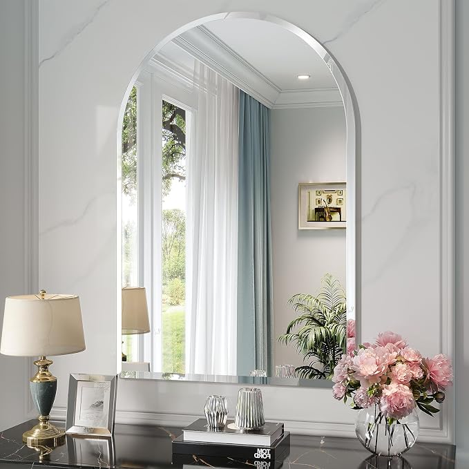 Frameless Bathroom Mirror, 24"x36" Arched Beveled Vanity Mirrors | Arch Wall Mounted Tempered Glass Mirror, Bathroom Mirrors for Over Sink, Hallway, Living Room, Bedroom