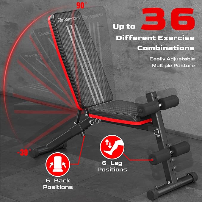 Weight Bench, 1000LBS Capacity 36-Position Adjustable Folding Weight Bench For Home Gyms, 90° To -30° 29.8-Inch Extended Backrest, Suitable For Bench Press Strength Training
