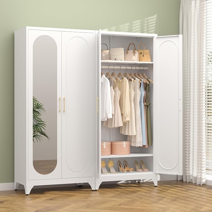 Polup Metal Armoire Wardrobe Closet with Mirror, Clothing Storage Cabinet | 71" Heavy Duty Steel Wardrobe Cabinet with Hanging Rod & Adjustable Shelves for Bedroom, Office, Clothes Organizer, White