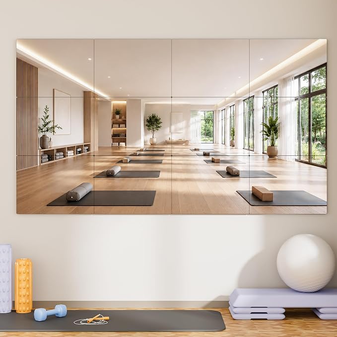 12 Pack Tempered Glass Gym Mirror Tiles 16" x 12" Each Self-Adhesive Wall Mirrors, Frameless Workout Mirrors for Home Gym Workout Yoga