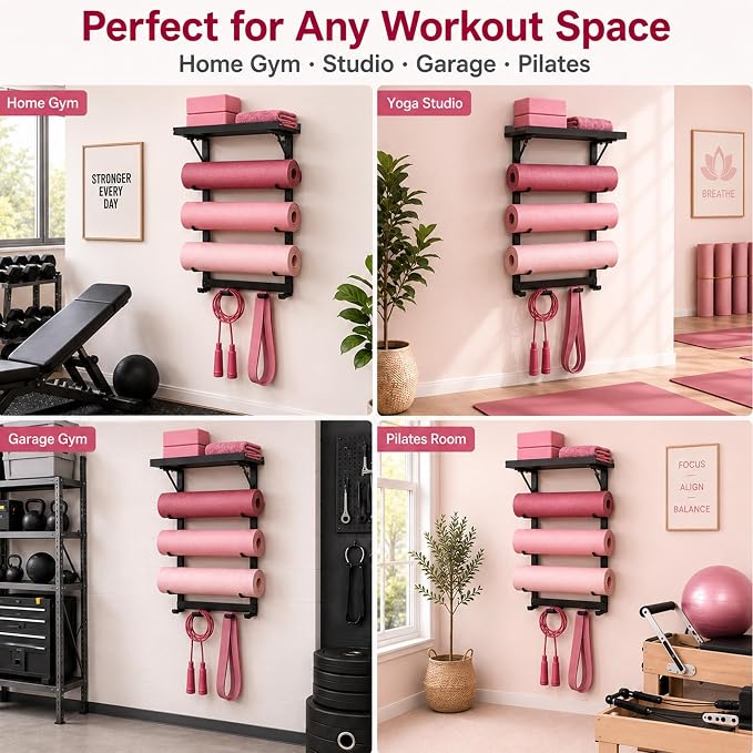 Home Gym Yoga Mat Holder - 4-Tier Wall Rack with Top Shelf and 5 Hooks | Metal Storage Rack Organizes Mats, Foam Rollers, Yoga Blocks, Resistance Bands, Jump Ropes And Workout Accessories.