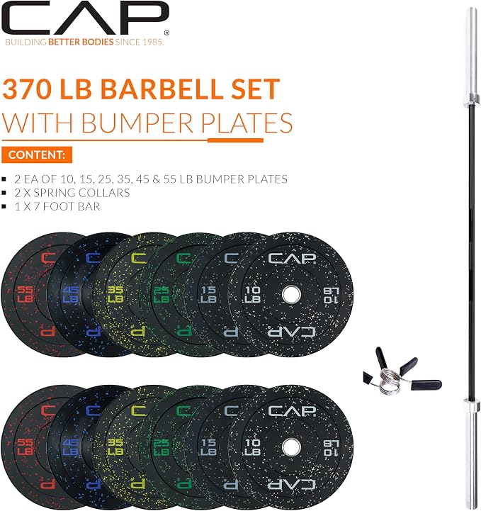 CAP Barbell Olympic Weight Set with 7ft Barbell & Bumper Plates | 160-370 lbs | Multiple Options