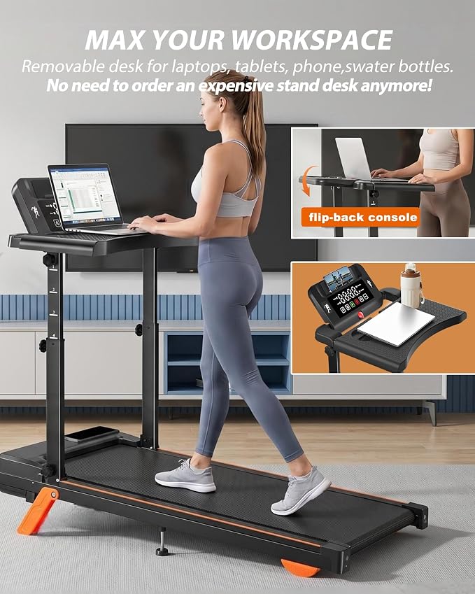 12% Incline Multifunctional Walking Pad with Height-Adjustable Handle Bar and Built-in Removable Desk, 8.0MPH/3.5HP Small Treadmill, 350LBS Weight Capacity Compact Treadmills (Black Orange)