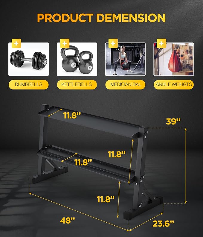 48" Kettlebell Storage Rack | 2-Tiers,1000LBS Weights Storage for Free Weights, Dumbbells, Kettlebells and Medicine Ball,Black,for Home Gym