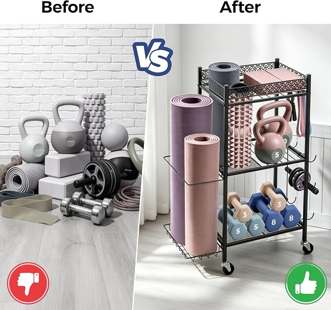 Yoga Mat Storage Rack with Wheels Home Gym Essentials | Foam Roller Yoga Blocks Dumbbells Kettlebells Resistance Bands Workout Exercise Organizer Fitness Gear Garage Organization