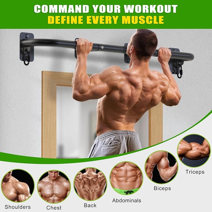 SELEWARE 32"/36" Wall Mount Pull Up Bar Joist Mount Chin Up Bar for Doorway | Heavy Duty Steel Construction Support 450 lb, w/Resistance Band Hooks, Fits 32"/36" Wall Studs for Home Gym Strength Training