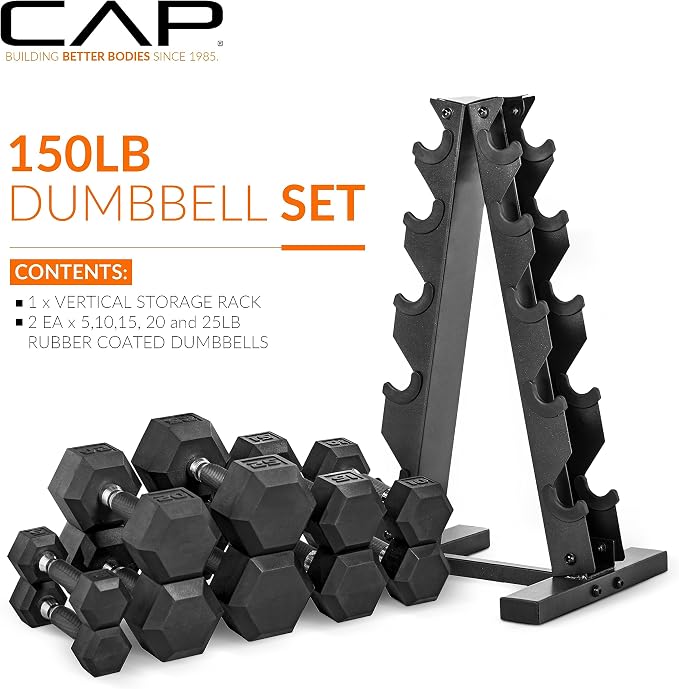 CAP Rubber Coated Hex Dumbbell Set with Storage Rack | 100–210 lb Options, Space-Saving Vertical Compact Storage for Home Gym Strength Training