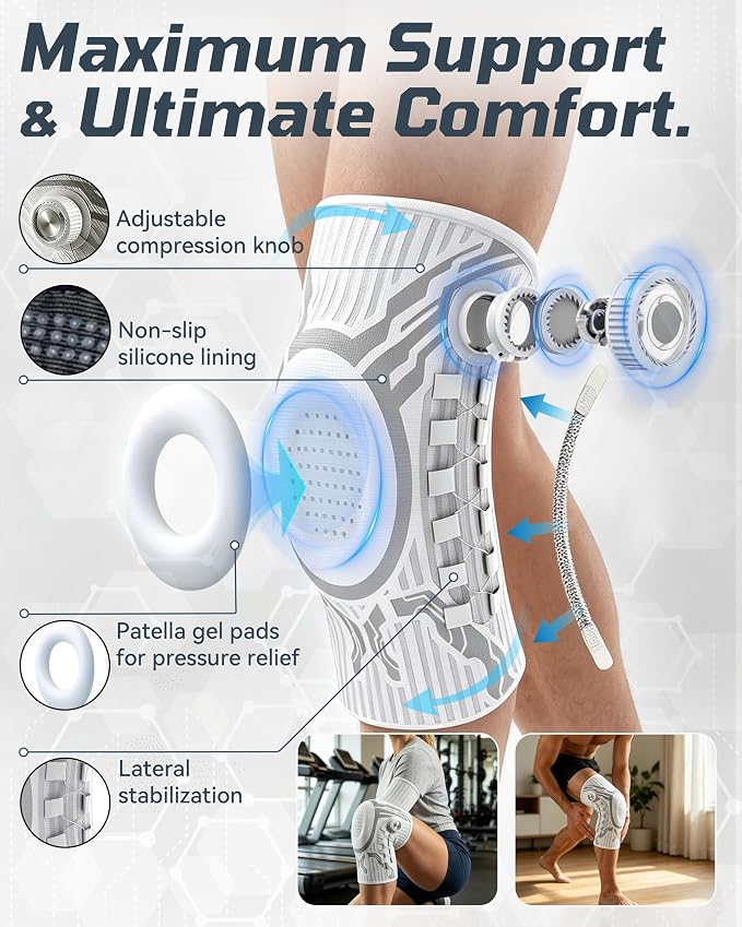 Knee Sleeve, Adjustable Knee Brace With Precision Dial, Patella Gel Pad & Side Stabilizers For Running, Workout