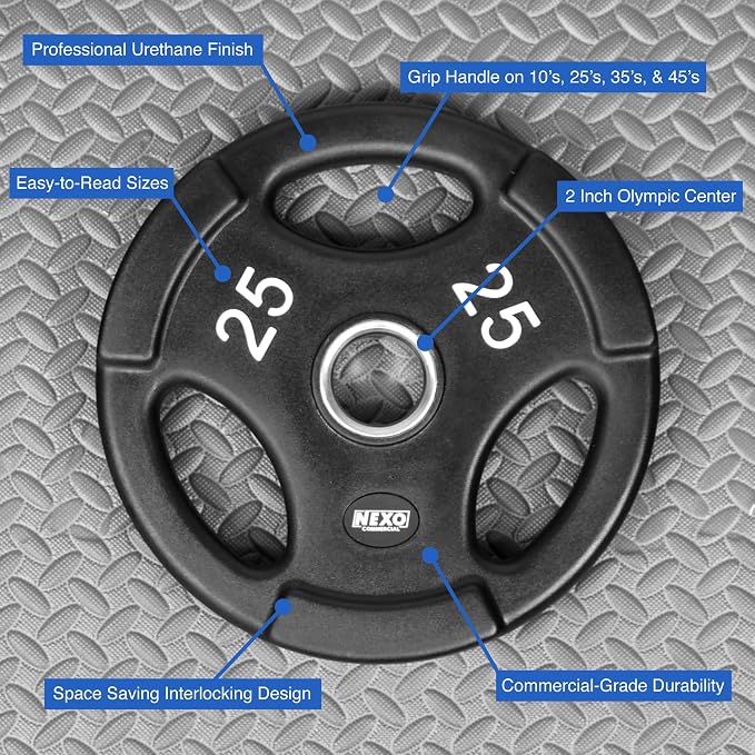 NEXO Commercial Urethane Grip 85lb Plate Set - Includes 2x 25's, 2x 10's, 2x 5's, and 2x 2.5's - Olympic 2 Inch, Premium Finish for Weight Training Home or Commercial