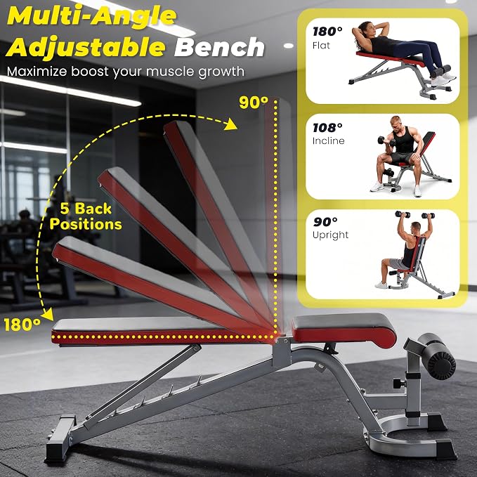 HULKFIT Adjustable Folding Weight Bench, Heavy Duty Workout Bench with Multiple Backrest Positions, Stable Incline Decline Flat Exercise Bench for Full Body Strength Training at Home Gym