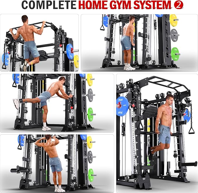 XGSW Smith Machine with Weight Stack, Multi-Function Squat Rack Power Cage with Cable Crossover System, for Home Gym