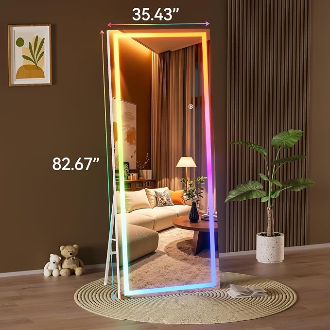 Hasipu 83"x35" LED RGB Bluetooth Home Gym Mirror Full Length with Lights, Wall Mount & Free Standing Full Body Mirror for Bedroom Workout Yoga, Detachable Stand, 7 Color & Brightness Adjustable