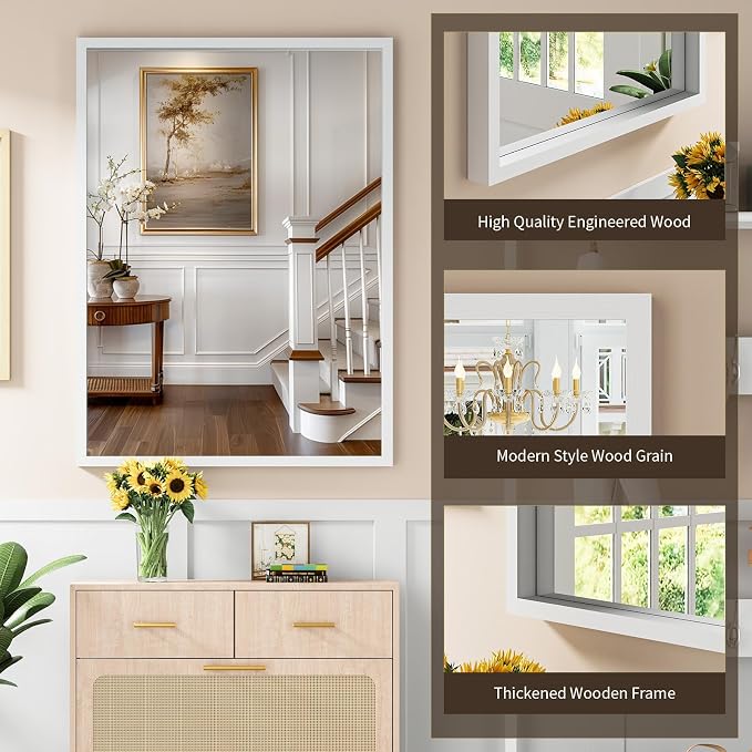 Syndra White Wood Frame Bathroom Mirror, 30''x40'' Modern Vanity Mirror for Wall, Waterproof Slim Deep Frame, Rectangular HD Tempered Glass Mirror for Living Room, Bedroom, Entryway, Rustic, Farmhouse
