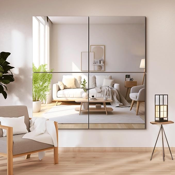 Delma Frameless Mirror Tiles 22"x22"x4 Pcs Wall Mounted | Shatter Resistant, Full Length Tempered Glass Panels, For Home Gym Bathroom Bedroom & Living Room Decor