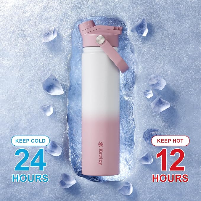 KEWIXY 24 oz Insulated Water Bottle, 2-in-1 Lid, Straw & Spout with Protected, Leak Proof, Keep Cold, Stainless Steel, Metal, Reusable, Handle, for Travel, Gym and School, 2 Lids, Iced Plum