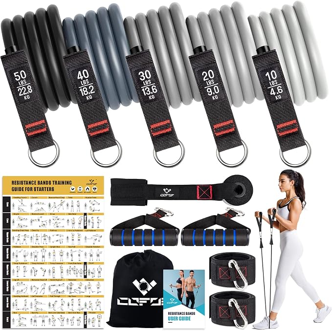 Resistance Bands with Handles for Women, 5 Level Exercise Bands | Workout Bands for Physical Therapy, Yoga, Pilates, Door Anchor, Storage Pouch, Training Poster