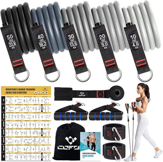 Resistance Bands with Handles for Women, 5 Level Exercise Bands | Workout Bands for Physical Therapy, Yoga, Pilates, Door Anchor, Storage Pouch, Training Poster