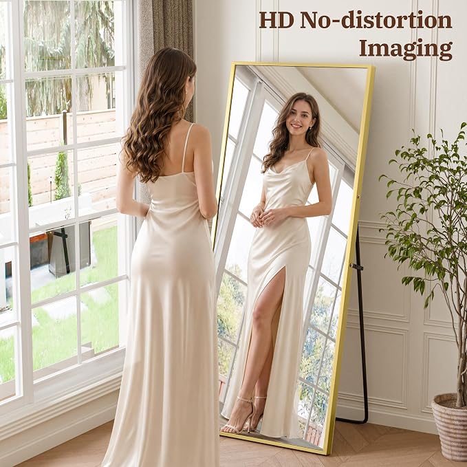 64"×21" Full Length Mirror, Shatterproof Tempered Glass Floor Mirror, Alum Alloy Thin Frame Standing Mirror with Freestanding/Leaning/Wall Mount for Bedroom, Living Room & Entryway, Gold