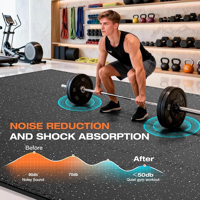 0.4'' Thick 6 Pcs 24 Sq Ft Non-Slip Rubber Top Exercise Equipment Mats, High Density EVA Foam Mats with Rubber Top, Interlocking Puzzle Gym Flooring for Home Gym, Workout Floor Mats, Black