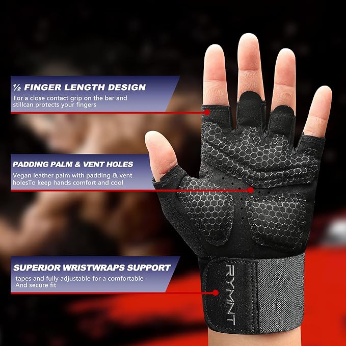 Workout Gloves for Women Men with Wrist Wrap Support Weight Lifting Gloves | Padded Gym Gloves for Weightlifting, Exercise, Crossfit, Resistance Training, Wrist Protection, Full Palm Grip, Fingerless