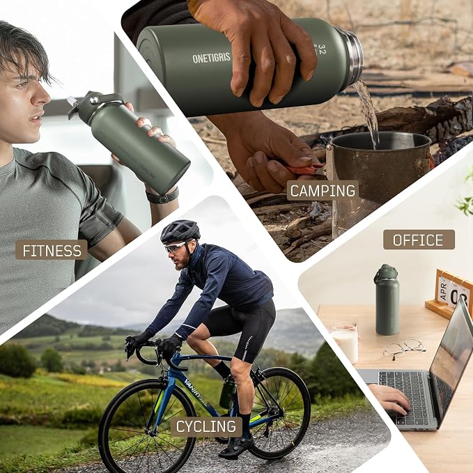 ONETIGRIS 32oz Insulated Tactical Water Bottle with Straw & MOLLE Sleeve | 3 Lids,Keeps Ice Cold 48H Hot 24H,304 Food-Grade Stainless Steel,360° Leakproof Silicone Seal,2 Straws Kit,Paracord Handle