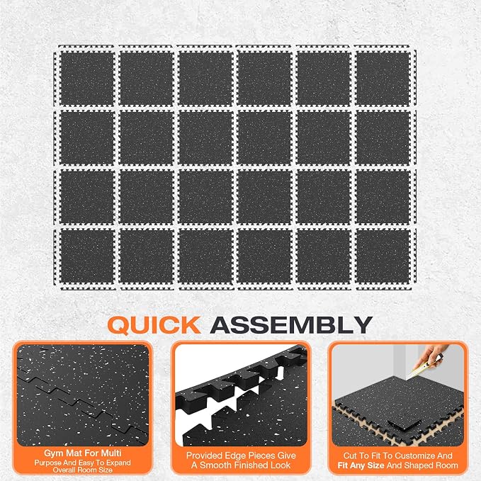 0.56'' Thick 24 Pcs 96 Sq Ft Non-Slip Rubber Top Exercise Equipment Mats, High Density EVA Foam Mats with Rubber Top, Interlocking Puzzle Gym Flooring for Home Gym, Workout Floor Mats, Black