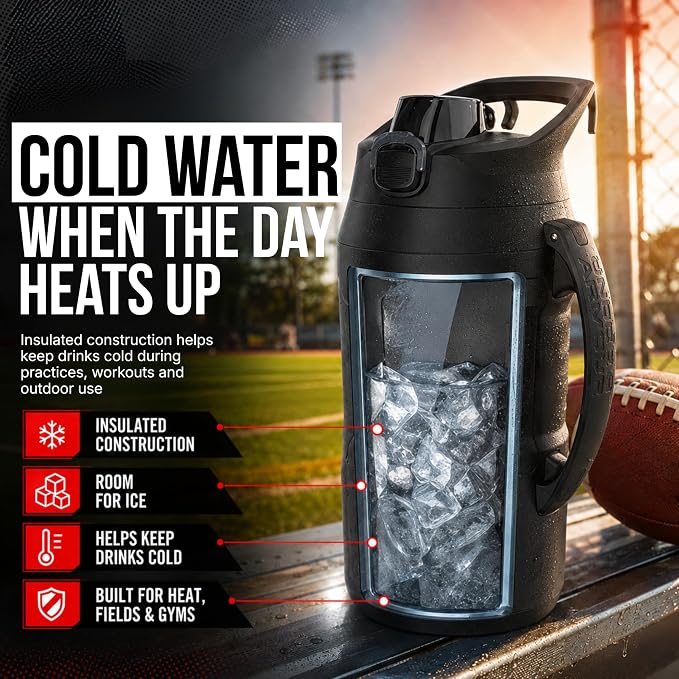 Under Armour Insulated Water Bottle with Handle & Fence Hook, Half Gallon Sports Water Jug, Leak-Resistant & BPA-Free for Baseball, Football & Gym - Black/Black, 64oz