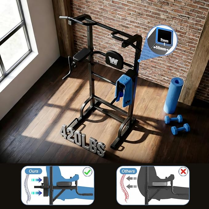 BARWING Pull Up Bar Station, Power Tower, Dip Station with 3D Backrest, Multi-Function Strength Training Stand Rack, Adjustable Height Dip Bar for Home Gym Workout Stand Fitness Exercise Equipment