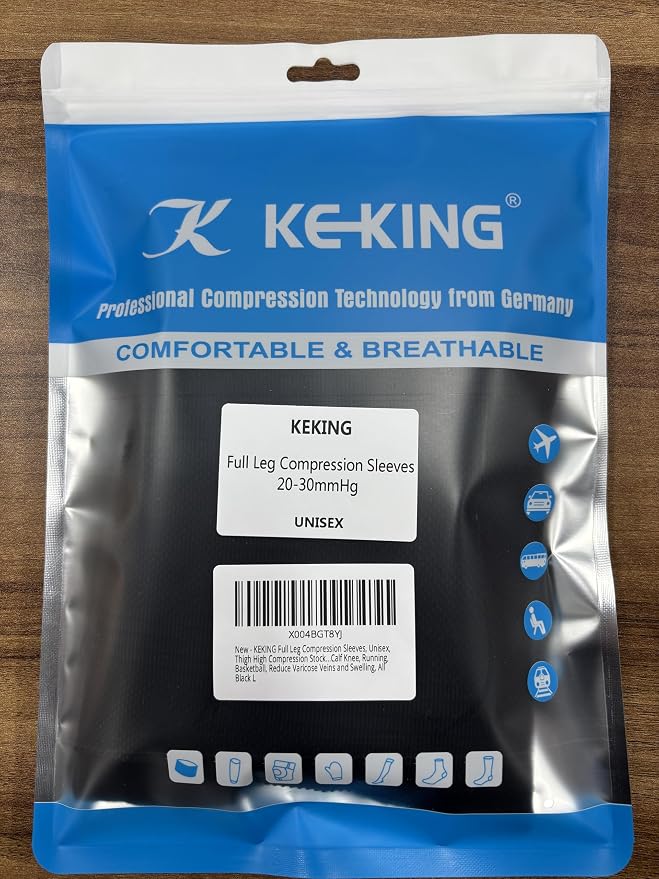 KEKING Full Leg Compression Sleeves, 20-30mmHg Graduated, Unisex, Running | Thigh-High Compression Stockings, Support Thighs, Calves & Knees, for Travel & Sports, Relieve Varicose Veins & Swelling