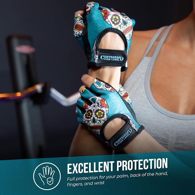 Contraband Pink Label 5237 Womens Designer Workout Gloves | Sugar Skull Print w/Grip-Lock™ Padding (Green, Medium)