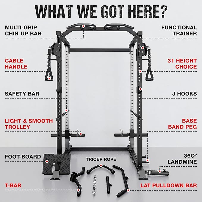 DP01 Power Cage, 2000LBS Squat Rack with Cable Crossover and Dual Independent Pulley System, Full Cage for Full Body Training, Power Rack with More Training Attachments for Home Gym