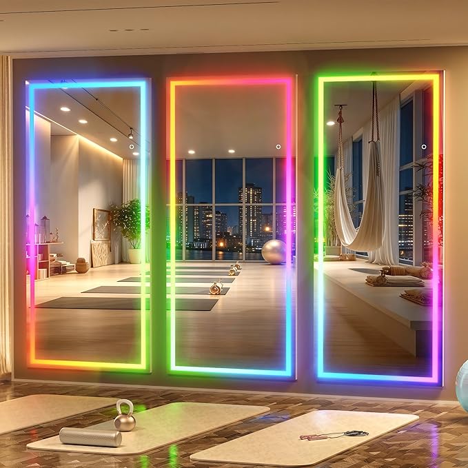 Hasipu 83"x35" LED RGB Bluetooth Home Gym Mirror Full Length with Lights, Wall Mount & Free Standing Full Body Mirror for Bedroom Workout Yoga, Detachable Stand, 7 Color & Brightness Adjustable