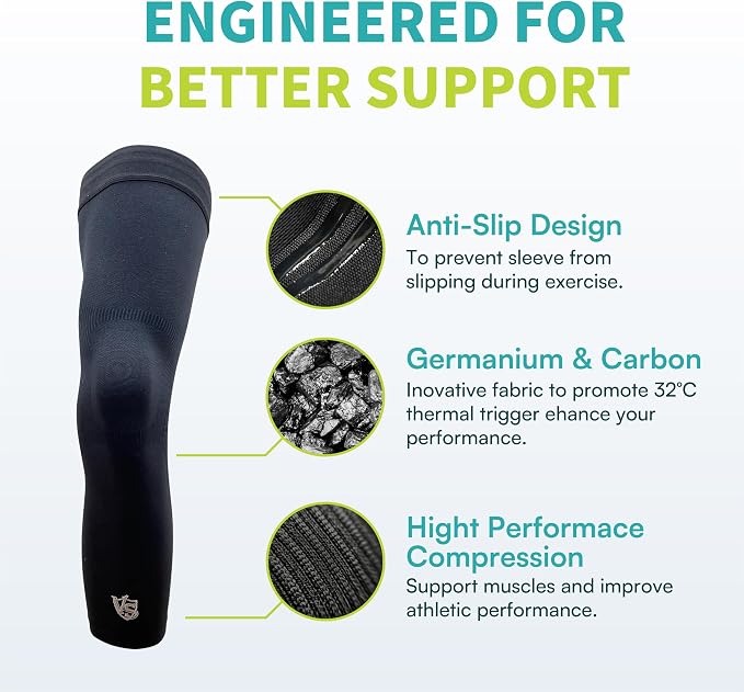 Vital Salveo -Germanium Recovery Compression Sports Full Leg Sleeve Length Thigh Calf Long Knee Sleeve with UV protection Support Single Tight. For Basketball, Arthritis Men and Women (1 PC)-X-Large
