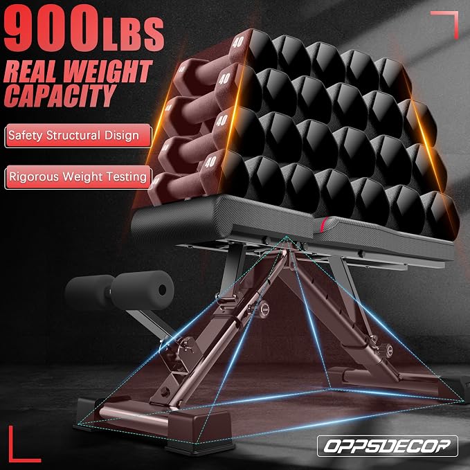 OPPSDECOR Adjustable Weight Bench, 900LBS Incline Decline Flat for Home Gym | Incline Decline Flat Bench Press, 8+4+2 Positions, 18.5in Seat Height, 99% Pre-Assembled, Fits 5-6ft Users, Folds in 1 Min