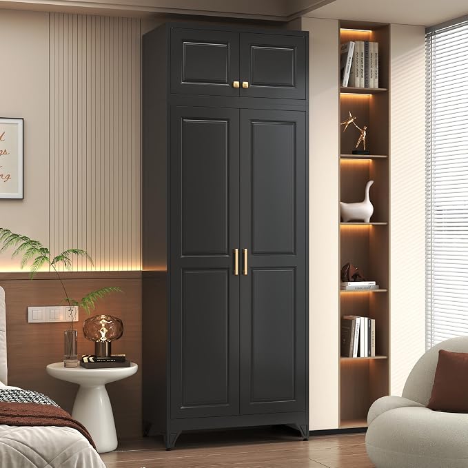 Polup 15" High Black Metal Wall Cabinet, Overhead Closet Storage Unit | Modular Steel Top Extension for 71" Armoire Wardrobe, 2 Doors, 180lbs Capacity Single Space, Mounting Hardware for Bedroom