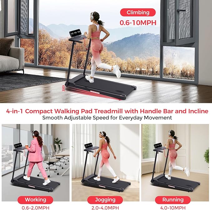 KASSADIN Portable Treadmills for Home Small, Walking Pad with Handle Bar, 3.5HP Electric Mini Treadmills for Home Exercising, Walking Pad Treadmill with Handle Bar and Incline, 0.6-10MPH, 400LBS