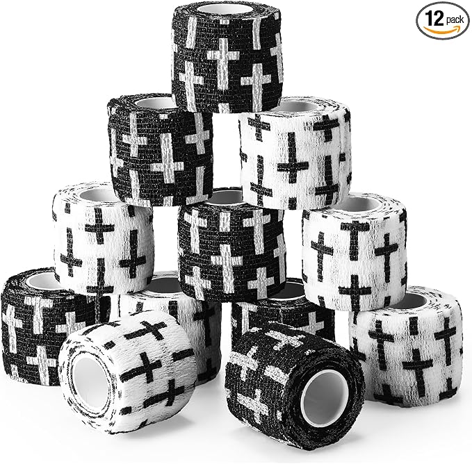 Geiserailie 12 Pack Christian Athletic Tapes 2 Inch x 5 Yards Self Adhesive Bandages Sports Wraps Breathable Elastic Wrap Non Woven Bandage for Wrist, Ankle, Baseball Football (White and Black)