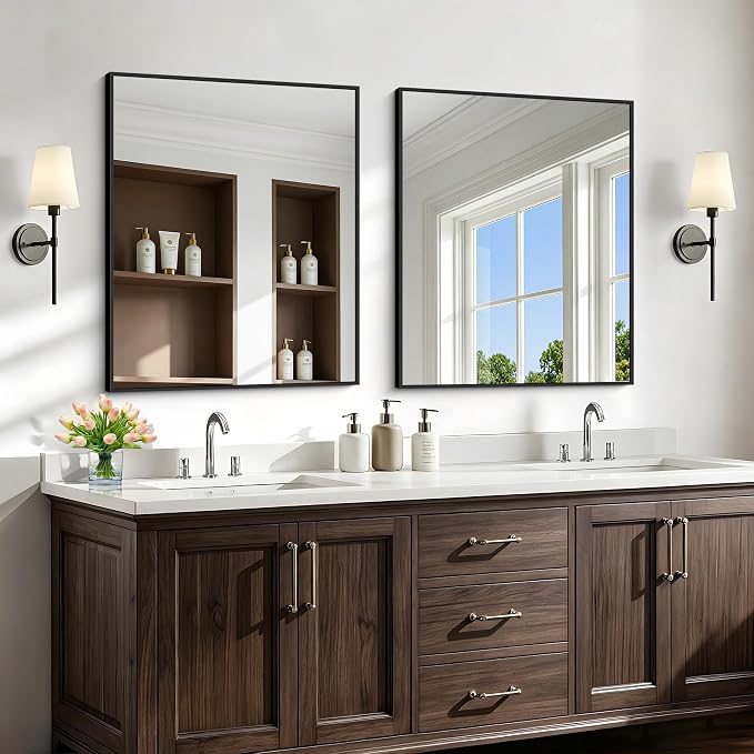 30"x36" Bathroom Mirror for Over Sink, Large Black Rectangle Mirrors for Wall, Black Framed Rectangular Mirror for Living Room Bedroom Bathroom, Hangs Horizontally or Vertically