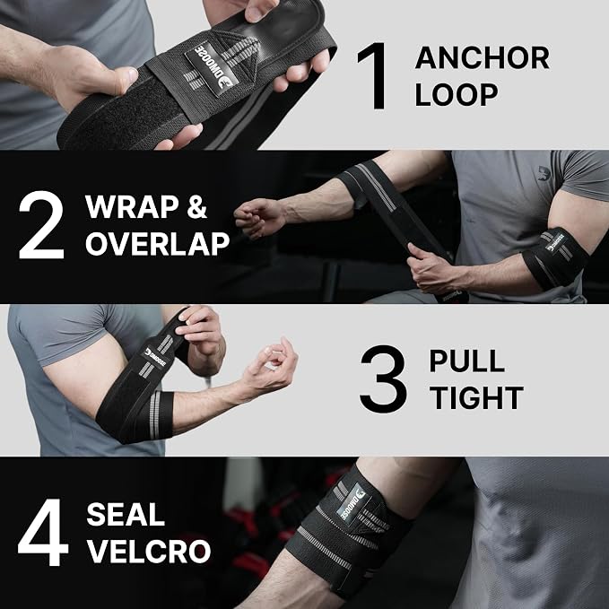 DMoose Fitness Elbow Wraps for Weightlifting (Pair) - 40'' Adjustable Strap for Gym Workout & Bench Press, Compression Elbow Sleeves for Tendonitis, Joint Support, Powerlifting & Deadlifts