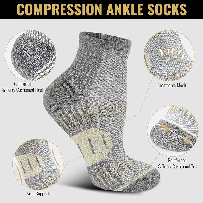 6 Pairs Copper Ankle Compression Socks for Men and Women | Copper Graduated Compression Socks with Terry Cushioning and Arch Support, Breathable Mesh Design, Machine Washable