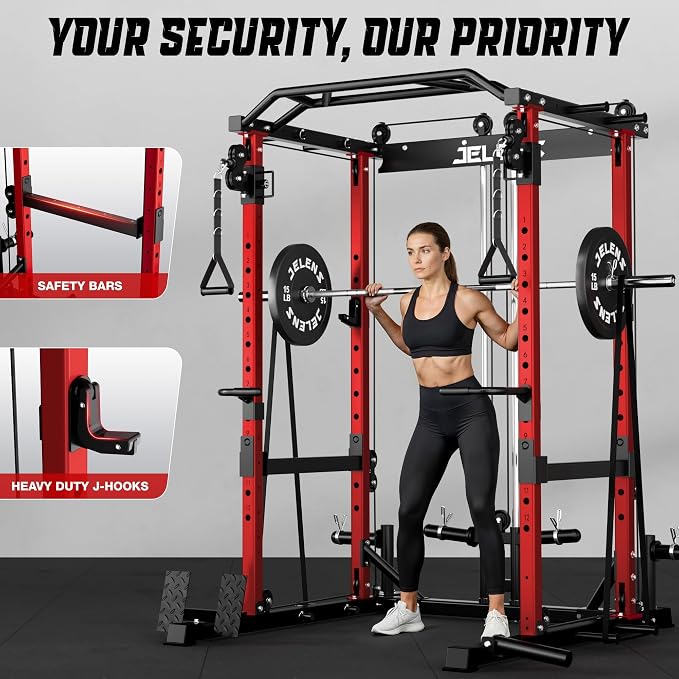 JELENS C12 Power Rack, 2000LBS Squat Rack with Cable Crossover System, Workout Cage with More Training Attachments for Home Gym