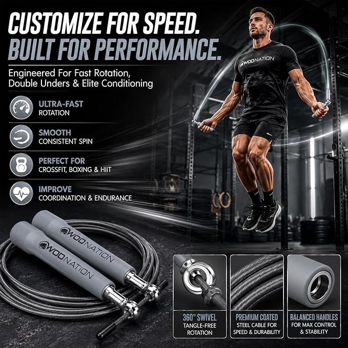 WOD Nation Adjustable Speed Jump Rope For Men, Women & Children - Blazing Fast Fitness Skipping Rope Perfect for Boxing, MMA, Endurance