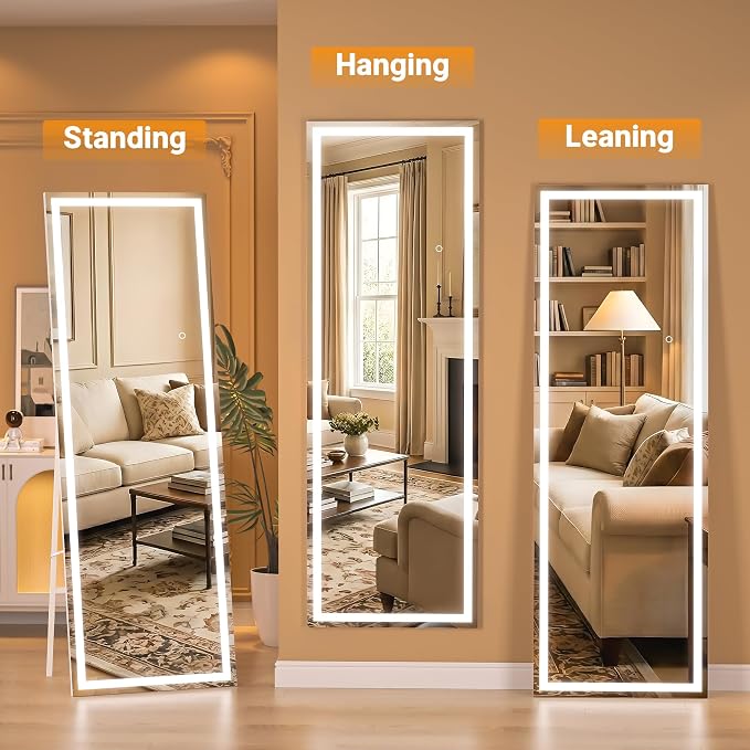 Full Length Mirror with Lights, 56" x 18" LED Lighted Floor Standing Body Mirror, Dimmable & 3 Color Lighting for Bedroom, Cloakroom, Dressing Room, Tempered Glass, Square Black
