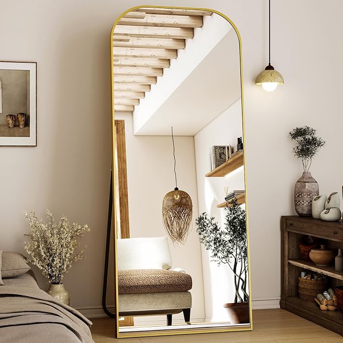 XRAMFY Full Length Mirror, 71"x28" Floor Mirror Freestanding, Arched Floor Standing Large Mirror Full Body Mirrors with Stand for Bedroom, Hanging Mounted Mirrors for Living Room,Gold