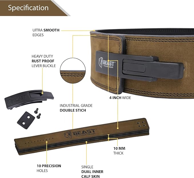 Beast Power Gear Weight Lifting Belt Lever Buckle 10MM 13MM Thick & 4 Inches Free Strap Weightlifting, Powerlifting, Deadlifts, Squats Men Women