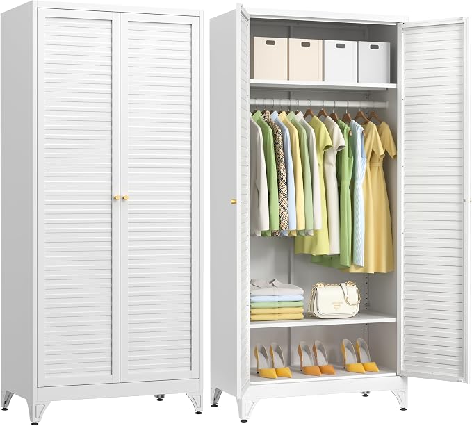 Polup Metal Armoire Wardrobe Closet with Doors, 71" Tall Wardrobe Cabinet | Heavy Duty Steel Clothing Storage Cabinet with Adjustable Shelves, Hanging Rod, for Bedroom, Office, Employee, Gym, White