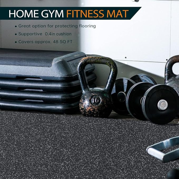 1/2" Thick 48 Sq Ft Rubber Top Gym Flooring, 12 Pcs High Density EVA Foam Exercise Equipment Mats - Interlocking Floor Tiles for Home Gym - 24 x 24in Tile, Black