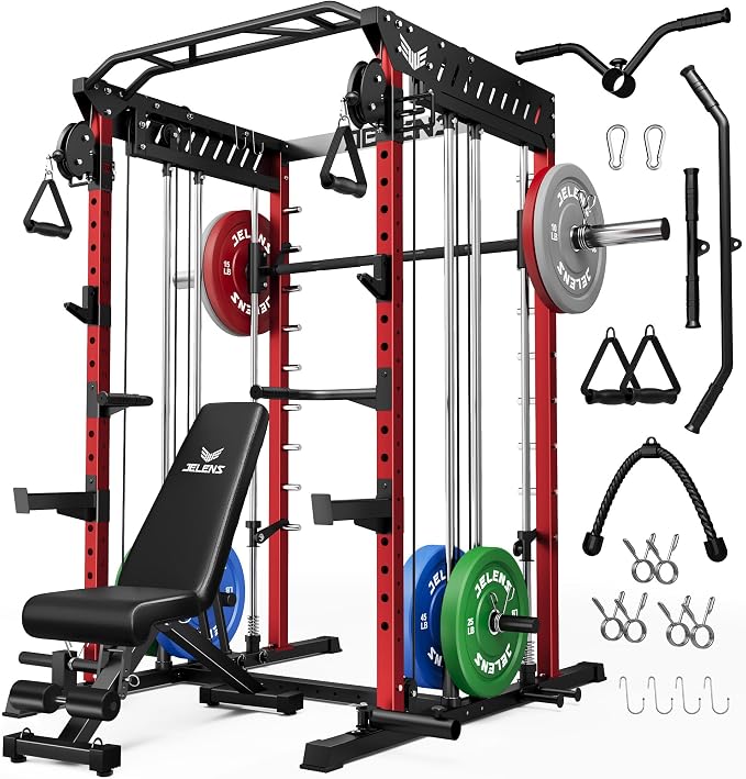 JELENS M21 Smith Machine, Multi-Function Power Cage with Dual Pulley Cable Crossover System, 2000LBS All-in-One Squat Rack with Smith Bar and Attachments for Home Gym