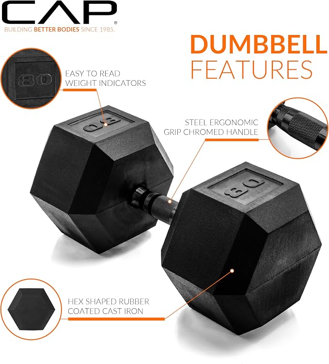 CAP Rubber Coated Dumbbell Weights, Free Weights for Home Gym Strength Training, Anti-Roll Hex Dumbbells with Black, Chrome & Comfort Grip Handles, Pairs & Sets